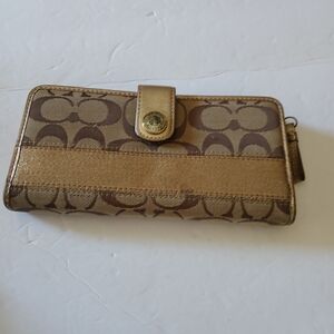 Coach Brown Signature Continental Wallet with Gold Trim